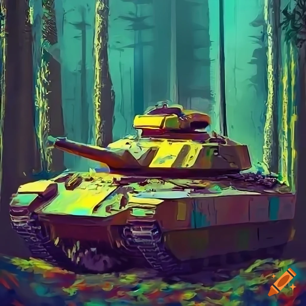 digital illustration of a yellow army tank in a forest
