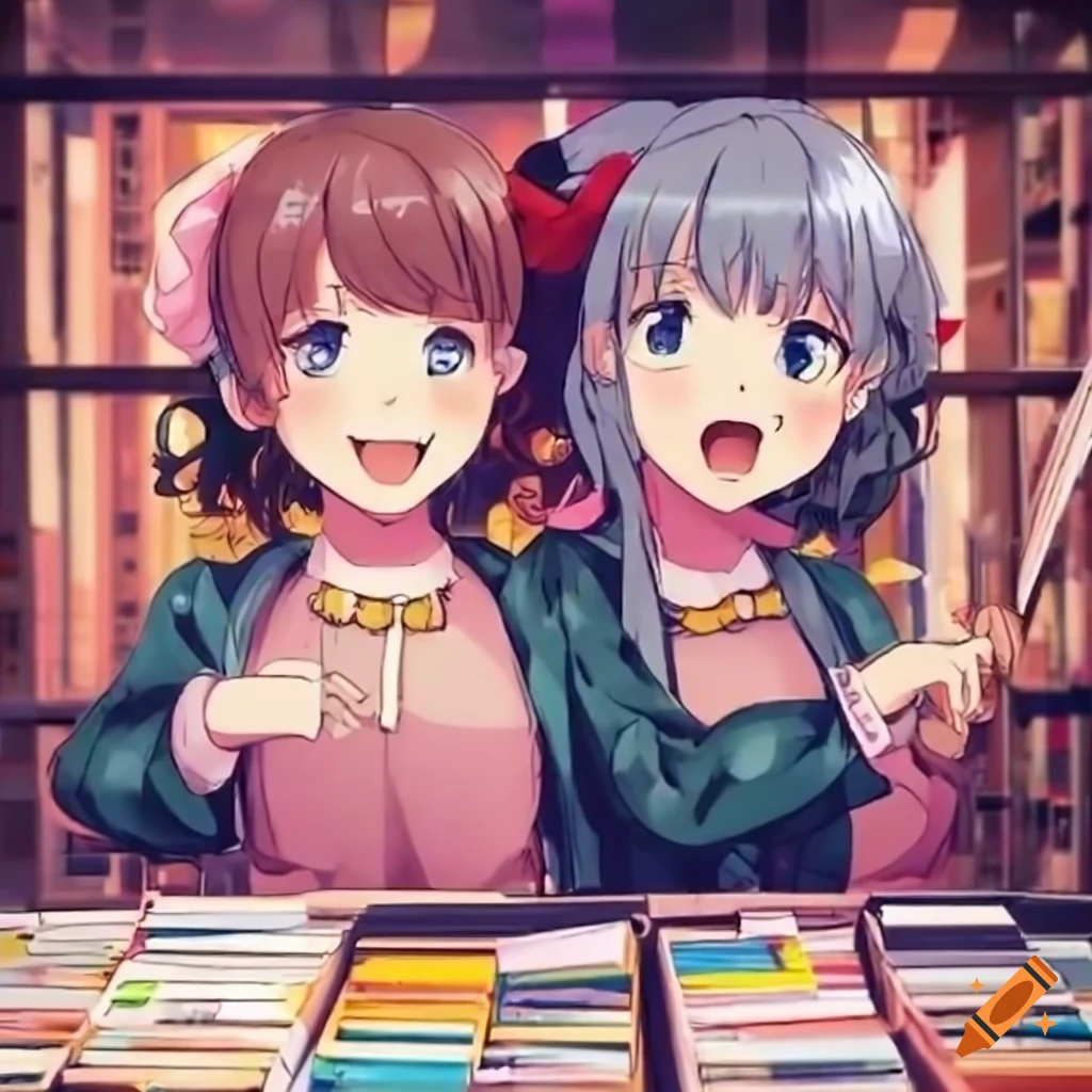 Anime girls standing in front of a bookstore window on a rainy day on  Craiyon
