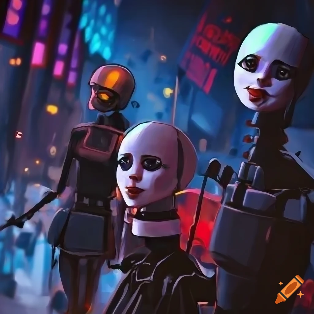 Crowded market with puppet and neon signs on Craiyon