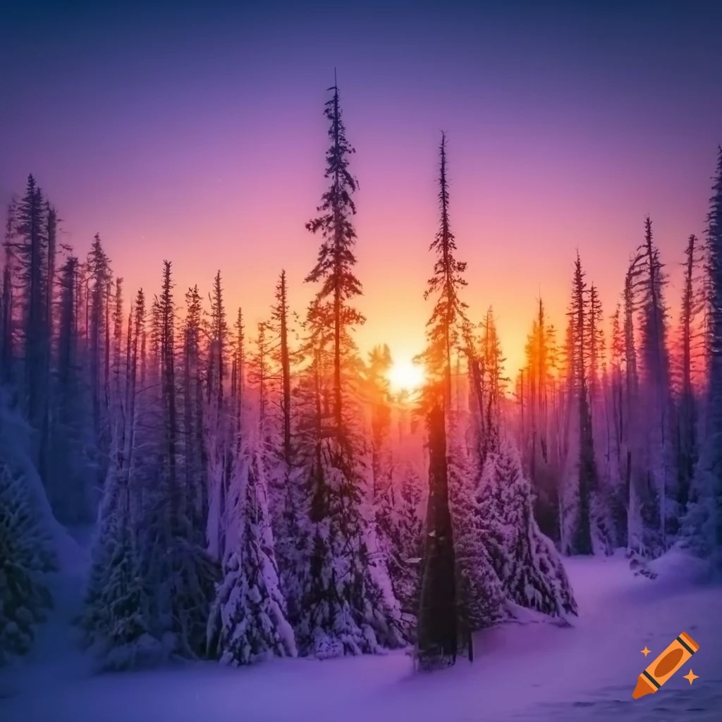 snowy forest at sunset