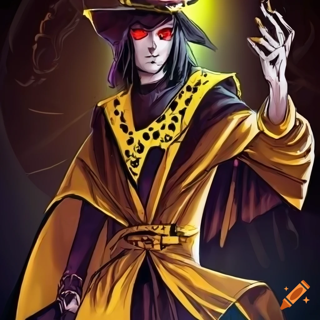 dark magician in a yellow robe with red eyes