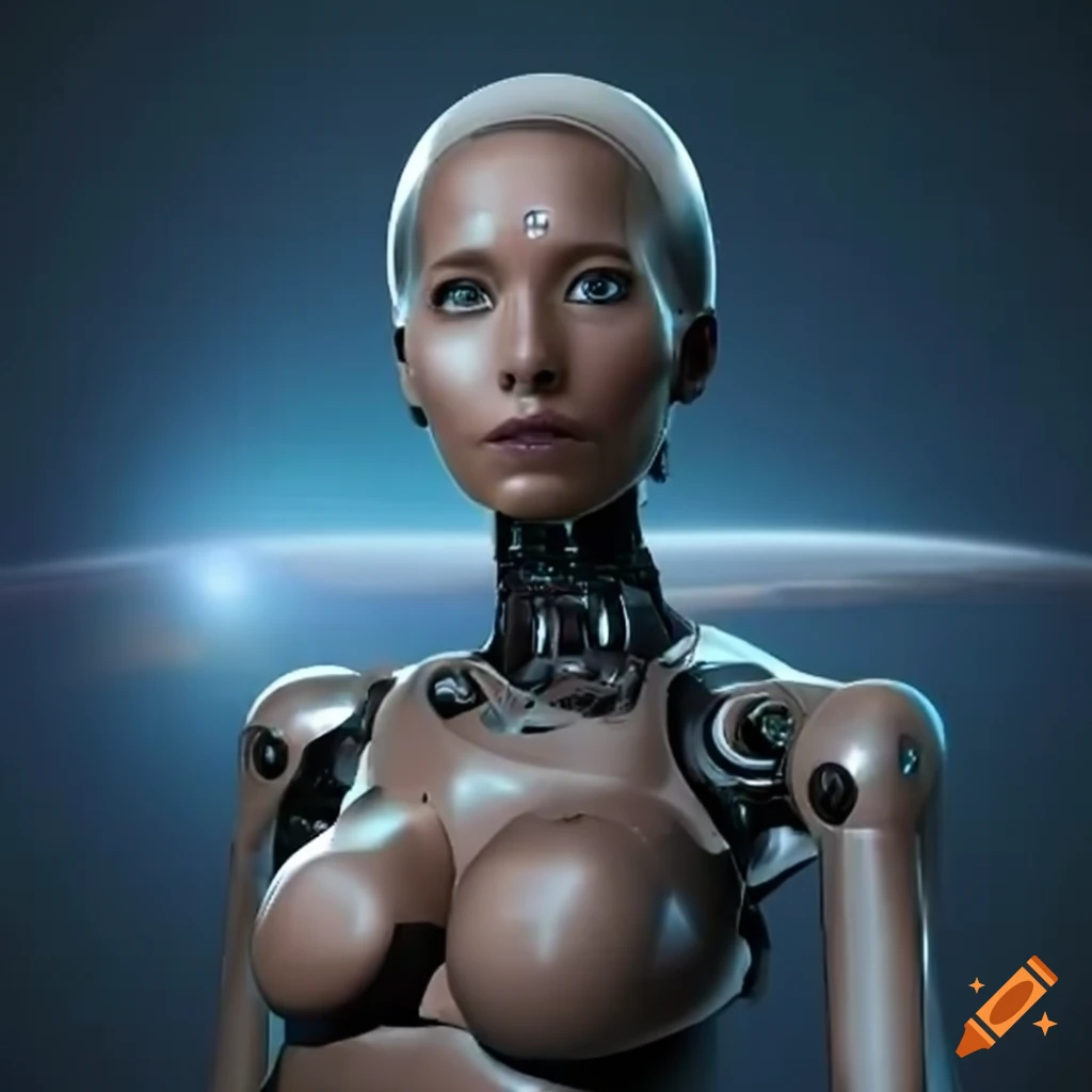 female robot standing in front of a distant planet