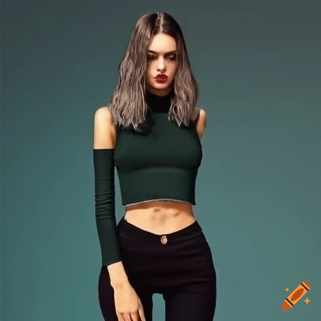 Blue skinny jeans and black-dark green crop top outfit on Craiyon