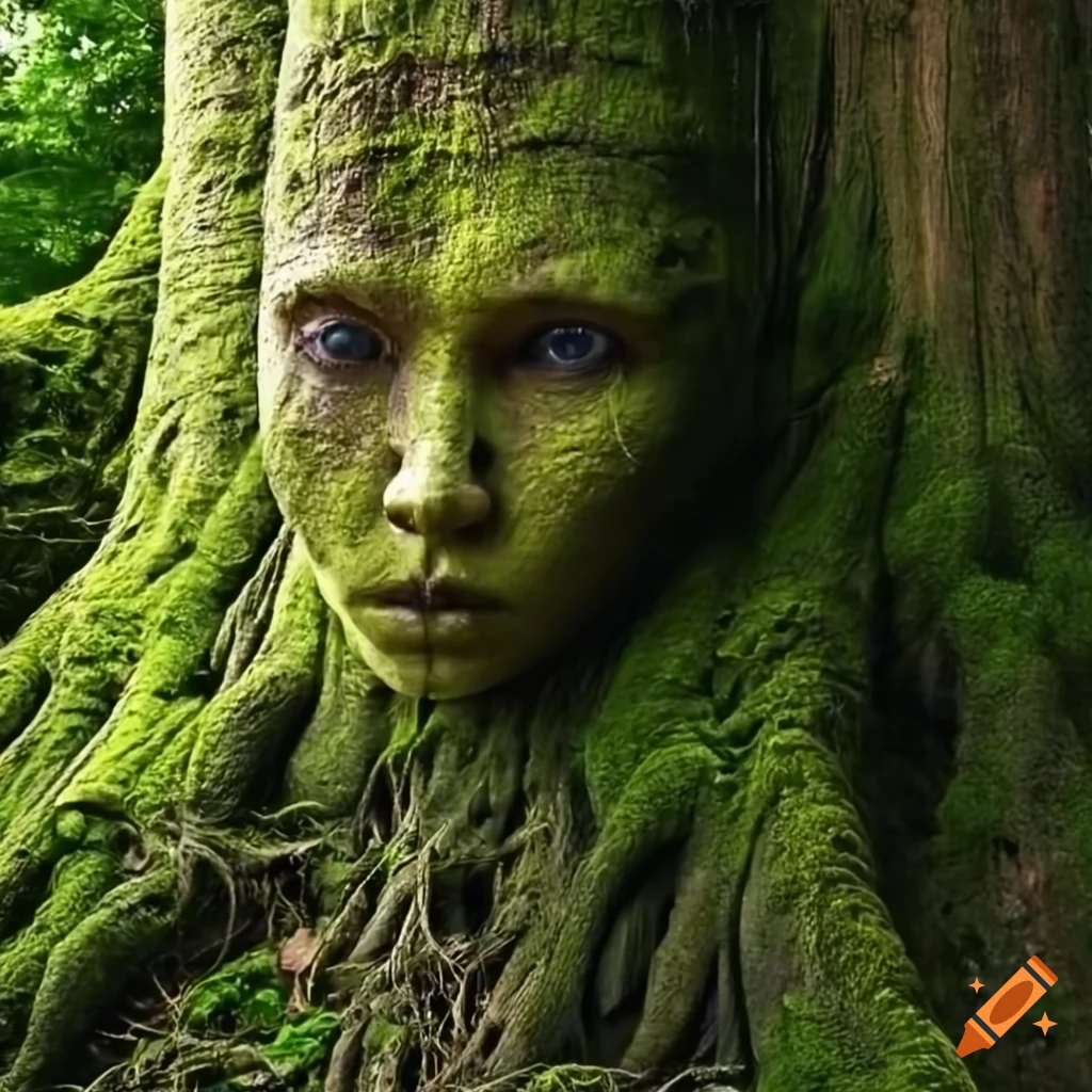 Artistic depiction of a giant tree with a woman's face