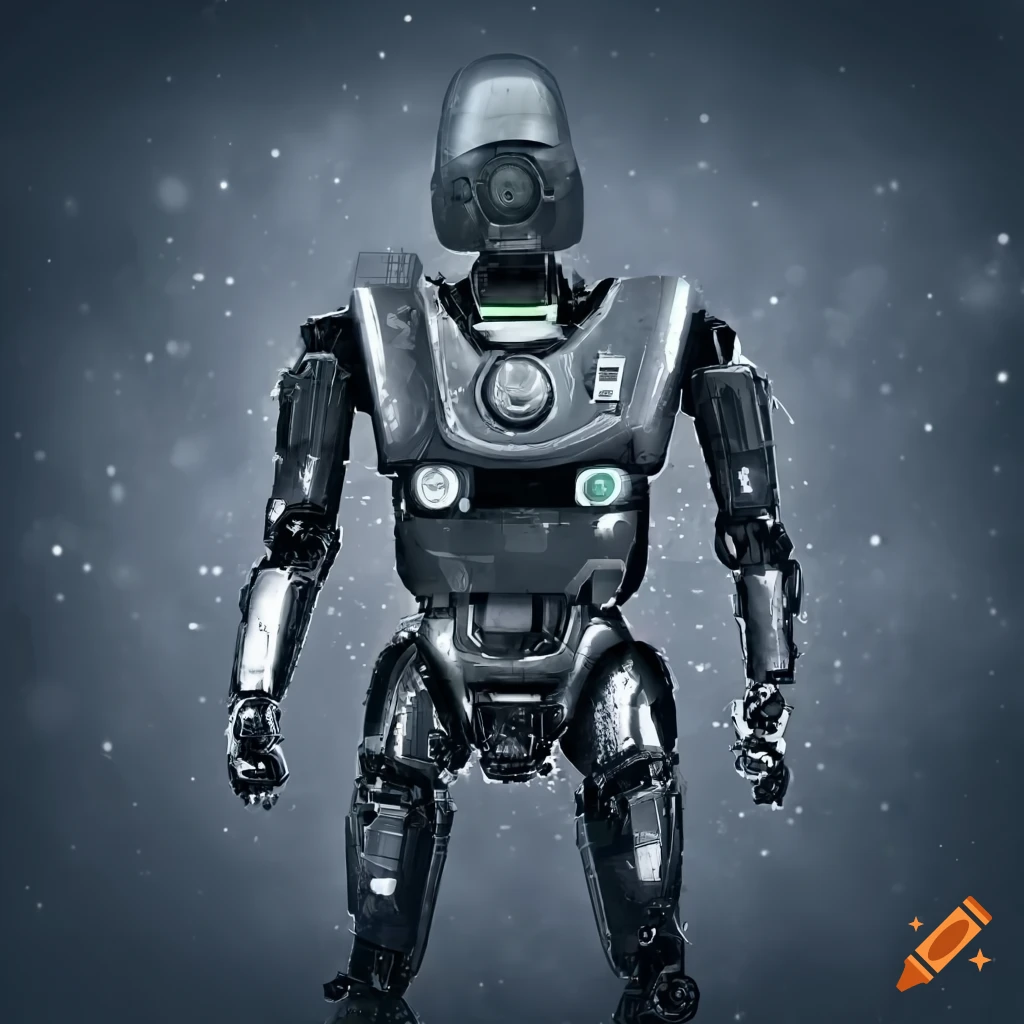 futuristic robot wearing fur clothing in snowy landscape