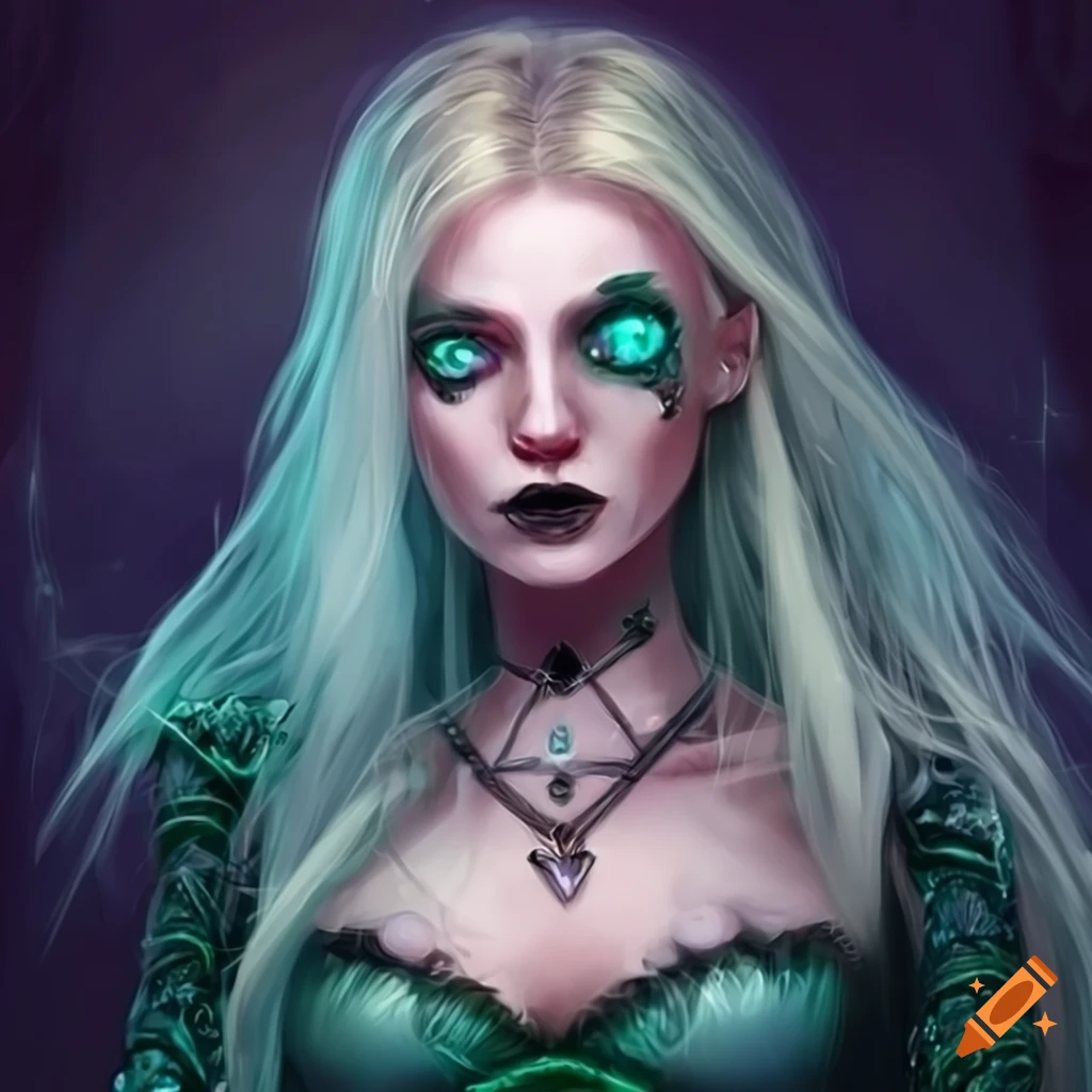 artwork of a mysterious sorceress with green eyes
