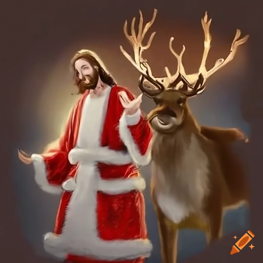 Depiction Of Jesus Feeding Santa s Reindeer At The North Pole On Craiyon