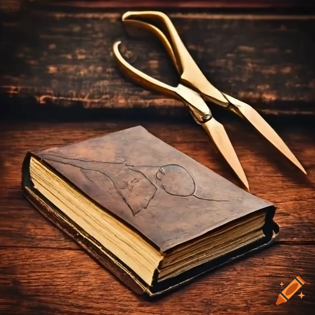 Scissors puncturing a leatherbound book on Craiyon