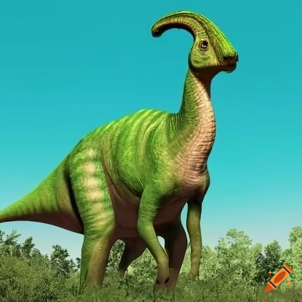 Image of a green parasaurolophus in tall vegetation