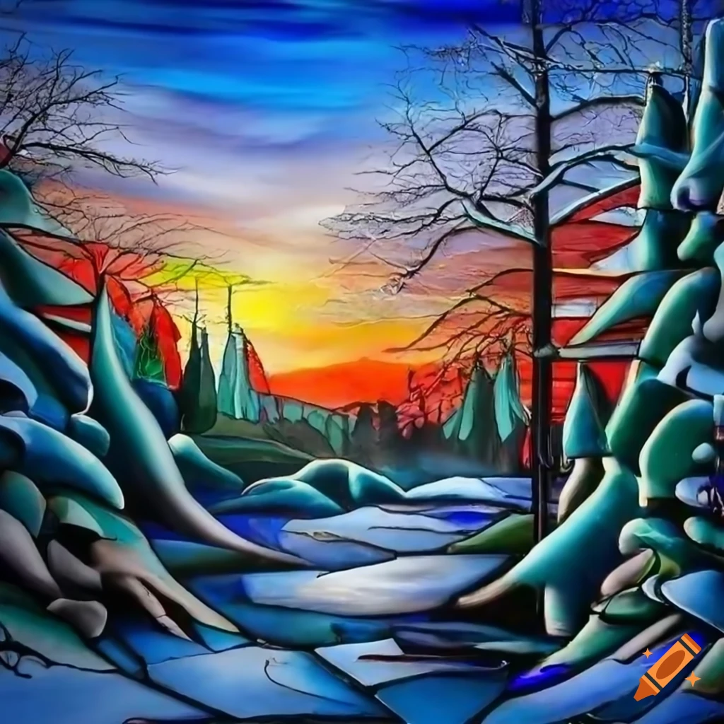 Intricately detailed stained glass winter landscape