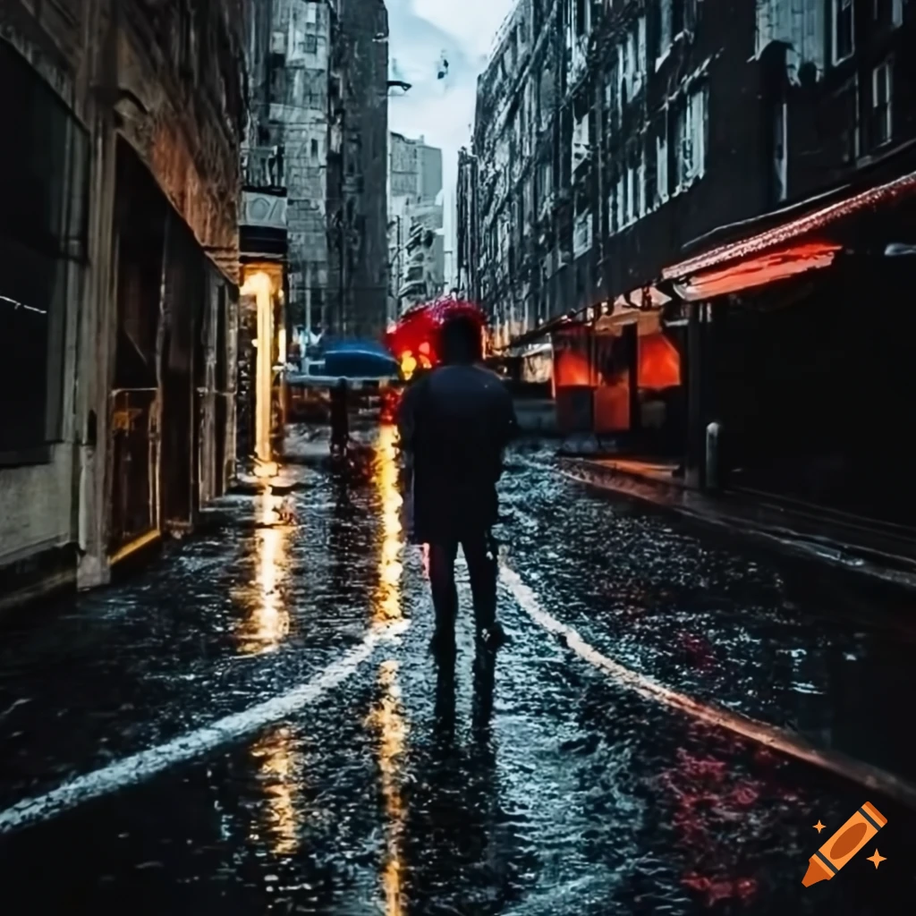 urban street photo in the rain
