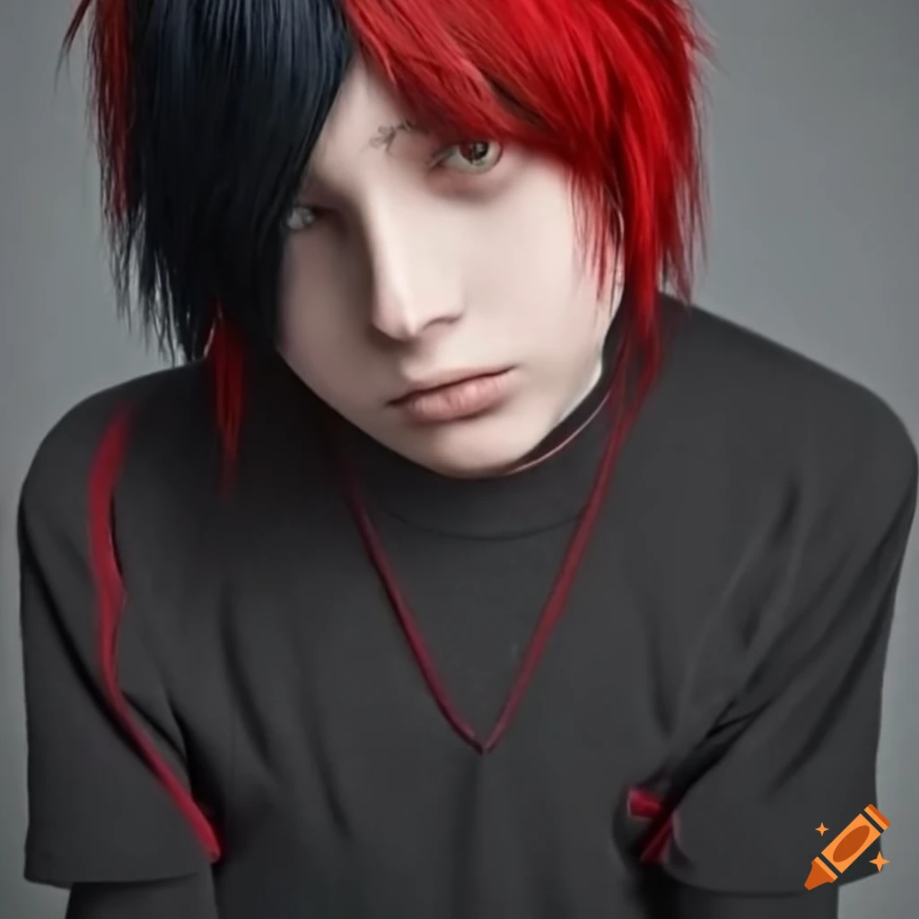 Portrait of an emo teenager with black and red hair