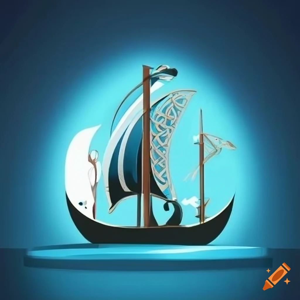 stylized logo of a sailboat and viking woman