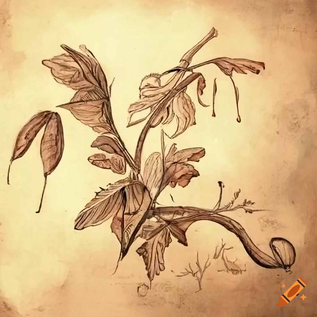 Ancient herbology manuscript with notes and sketches on Craiyon