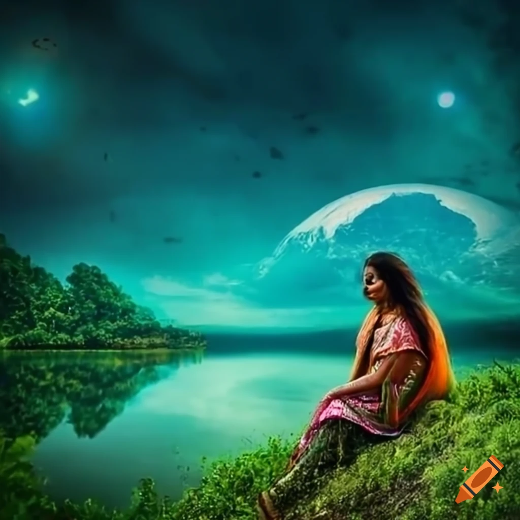 Indian lady on an alien landscape with starship enterprise
