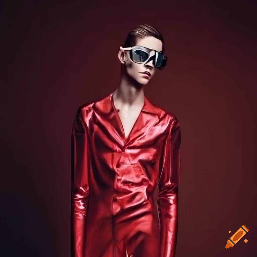 photorealistic image of a stylish man in ruby chrome jumpsuit