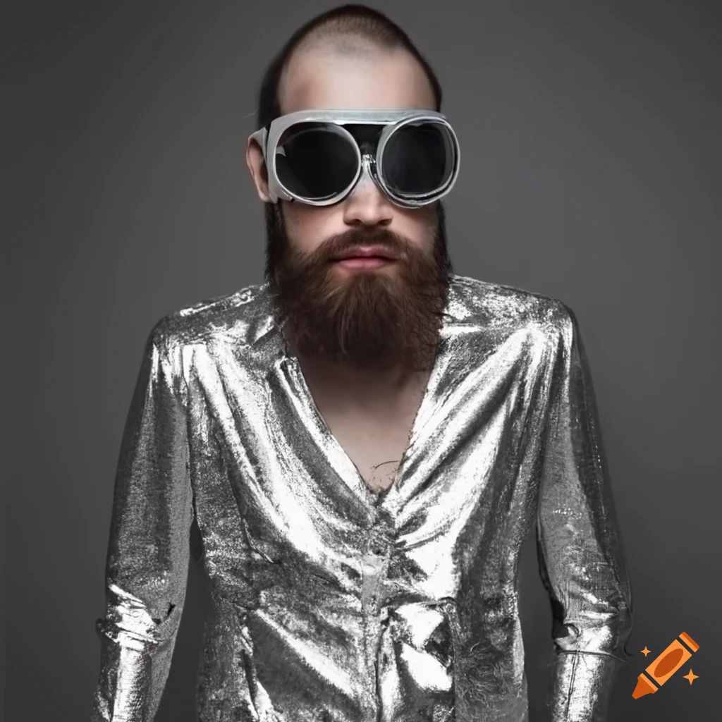 stylish man in a silver jumpsuit and goggles