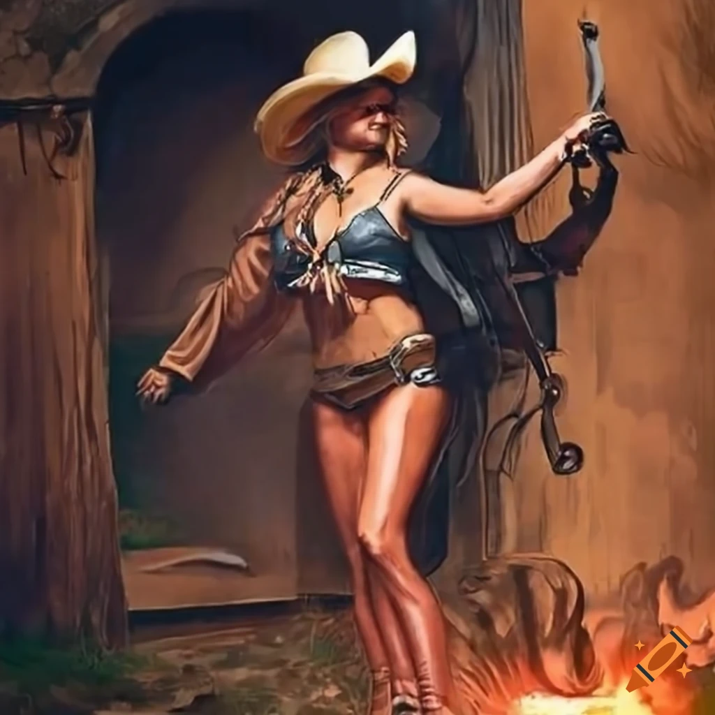 cowgirl aiming a revolver in vintage style