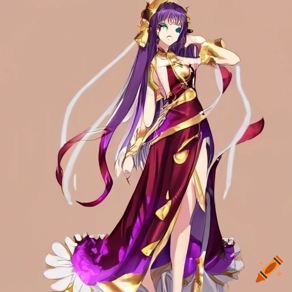 anime-style goddess girl character in a gold, maroon, and purple dress