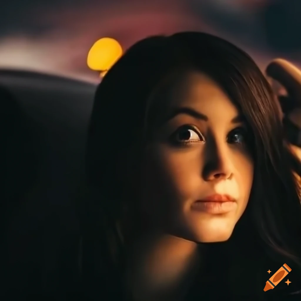 young woman driving through night traffic