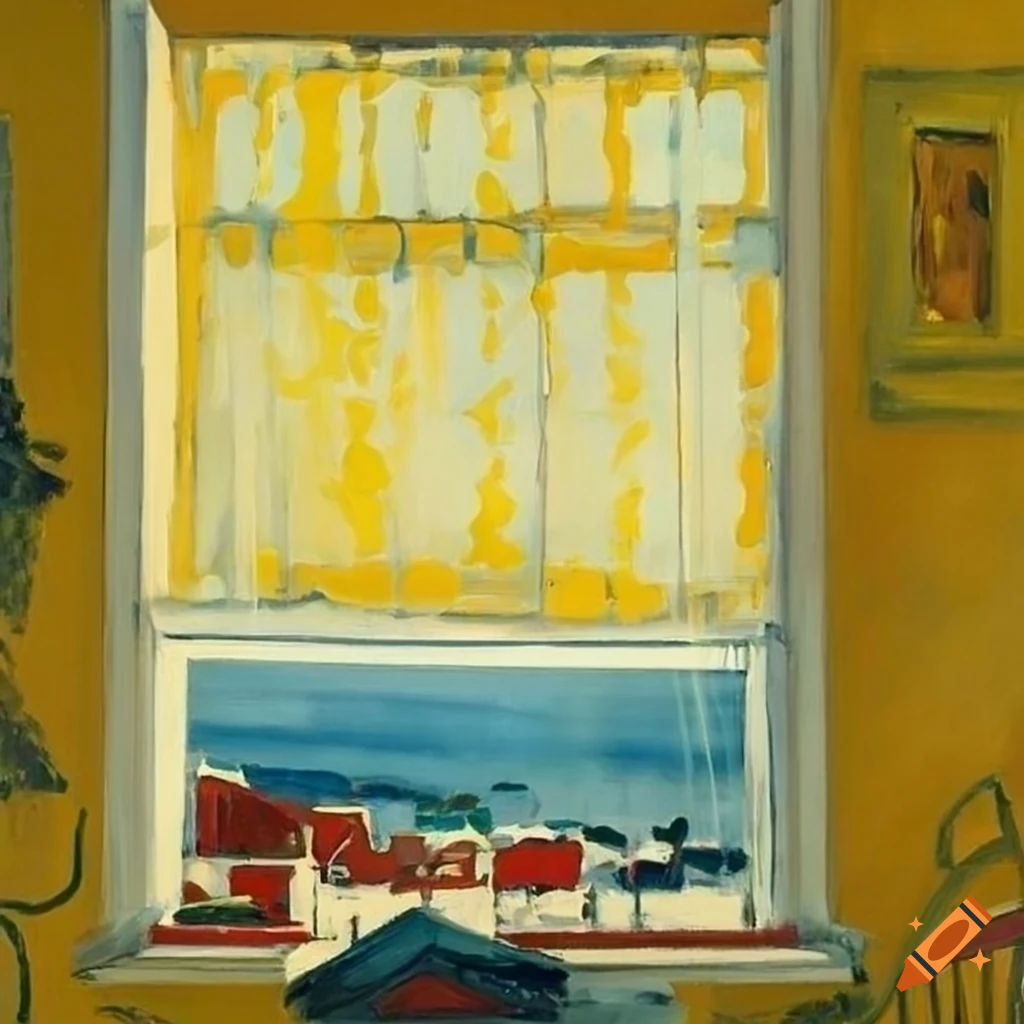 View from window with flowers and yellow roller blind on Craiyon