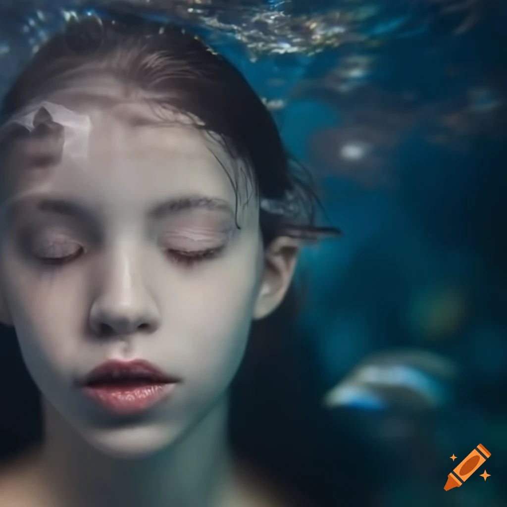 Close up photograph of a girl underwater with eyes closed on Craiyon