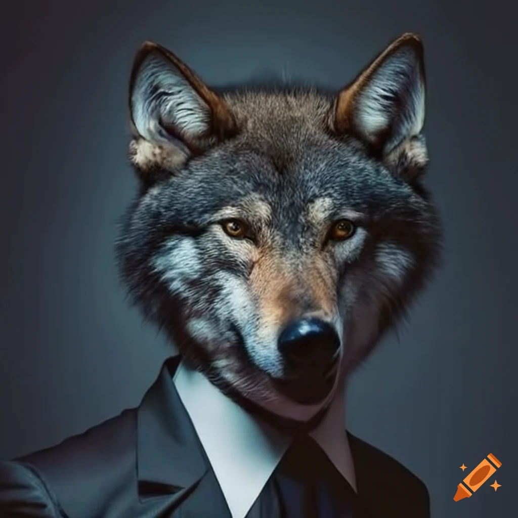 portrait of a wolf in a black suit