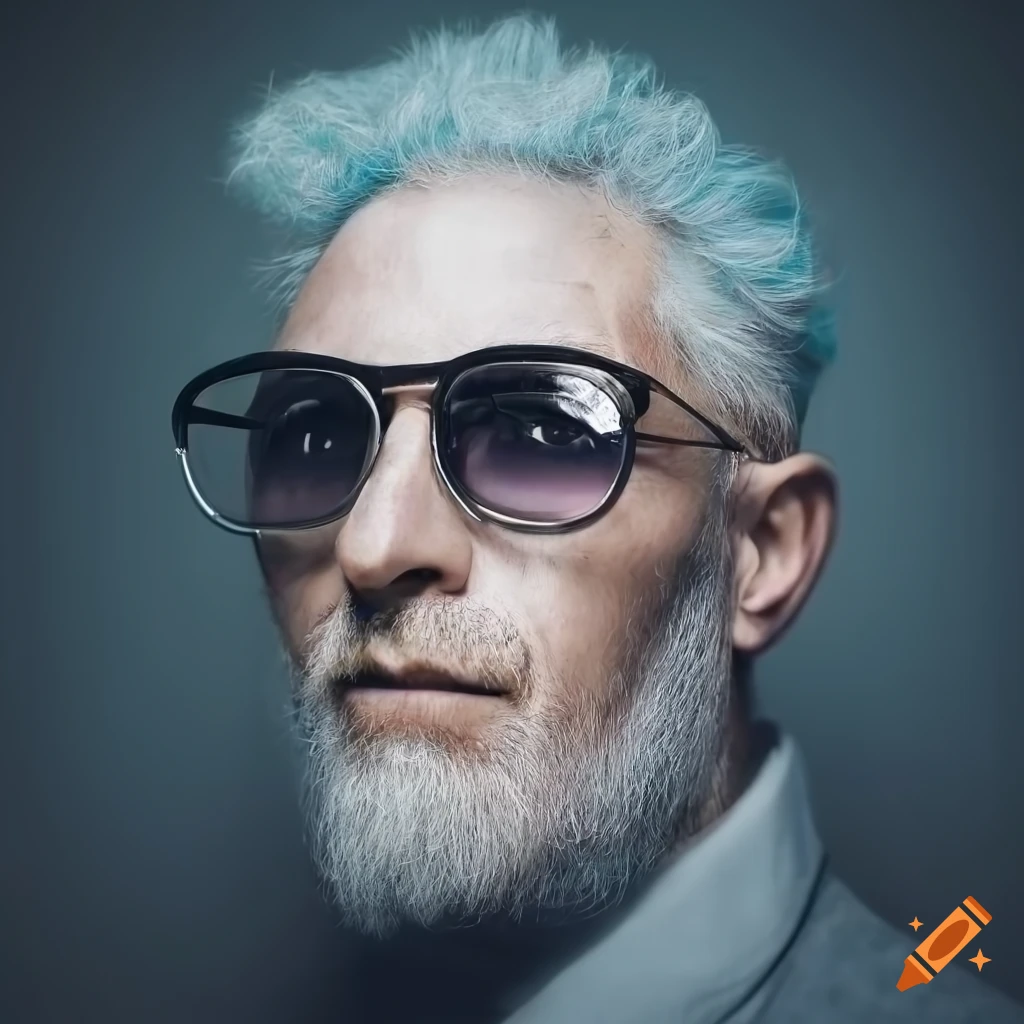 Fashionable man with white dyed hair and metal glasses
