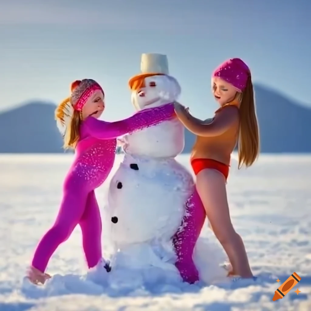 two girls making a snowman in leotards