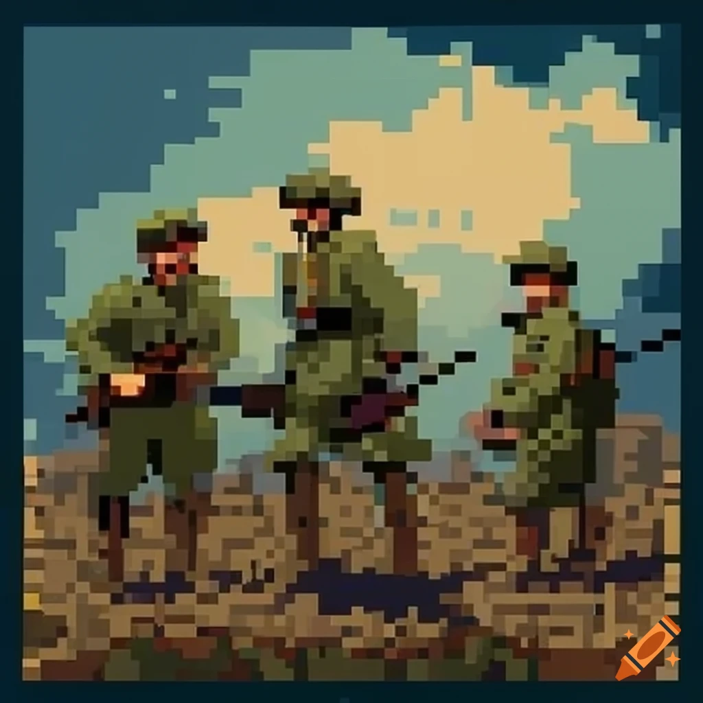 Pixel art depicting world war 1 battle scene on Craiyon