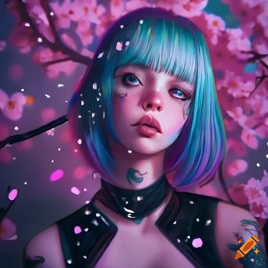 Cyberpunk artwork of a futuristic girl with pastel hair