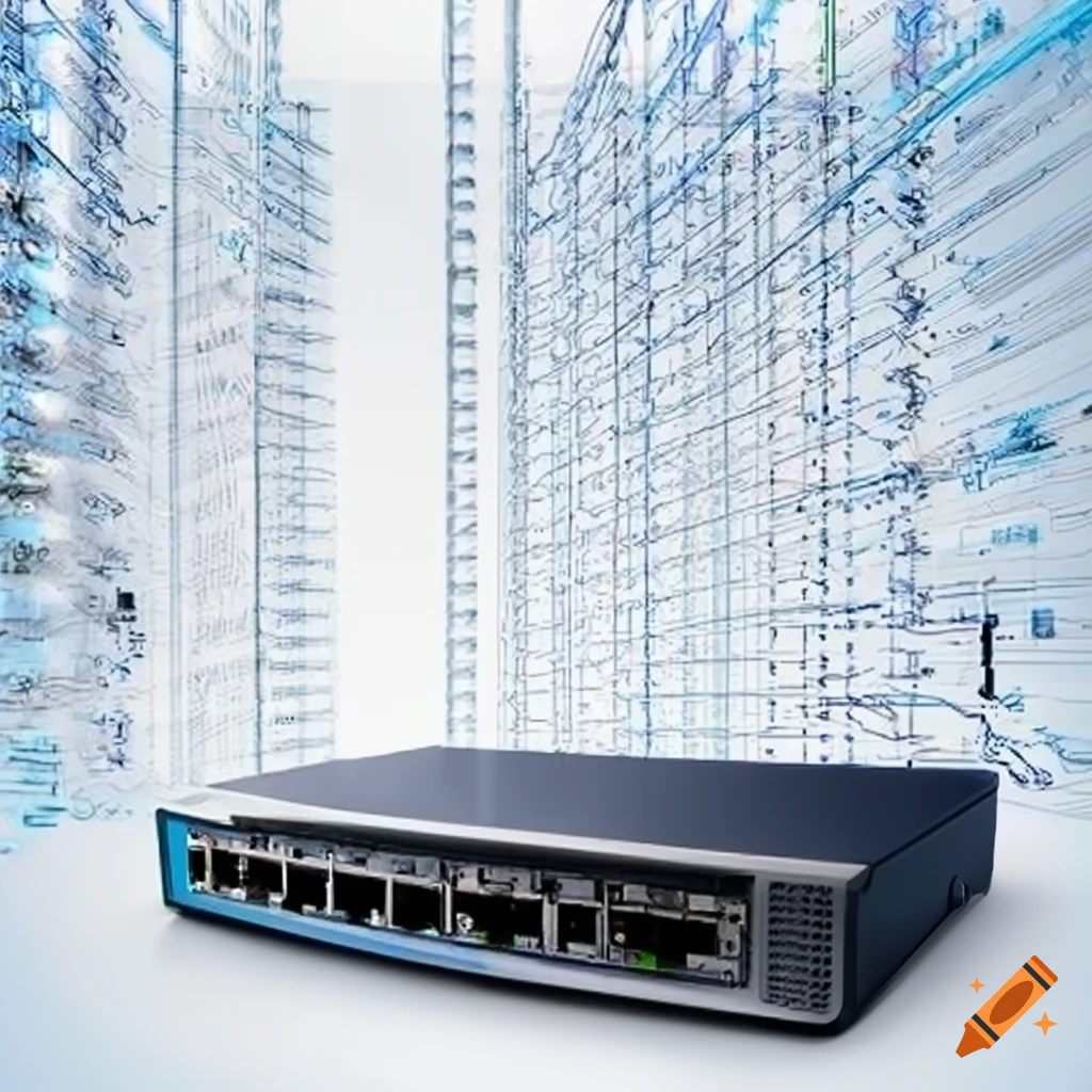 Illustration of a computer network setup with switch router and fiber