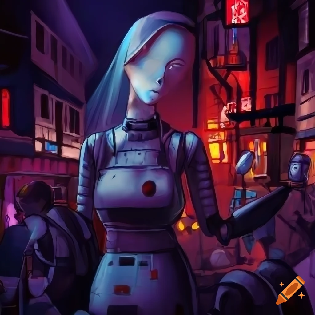 a crowded marketplace with puppet mannequins and neon signs