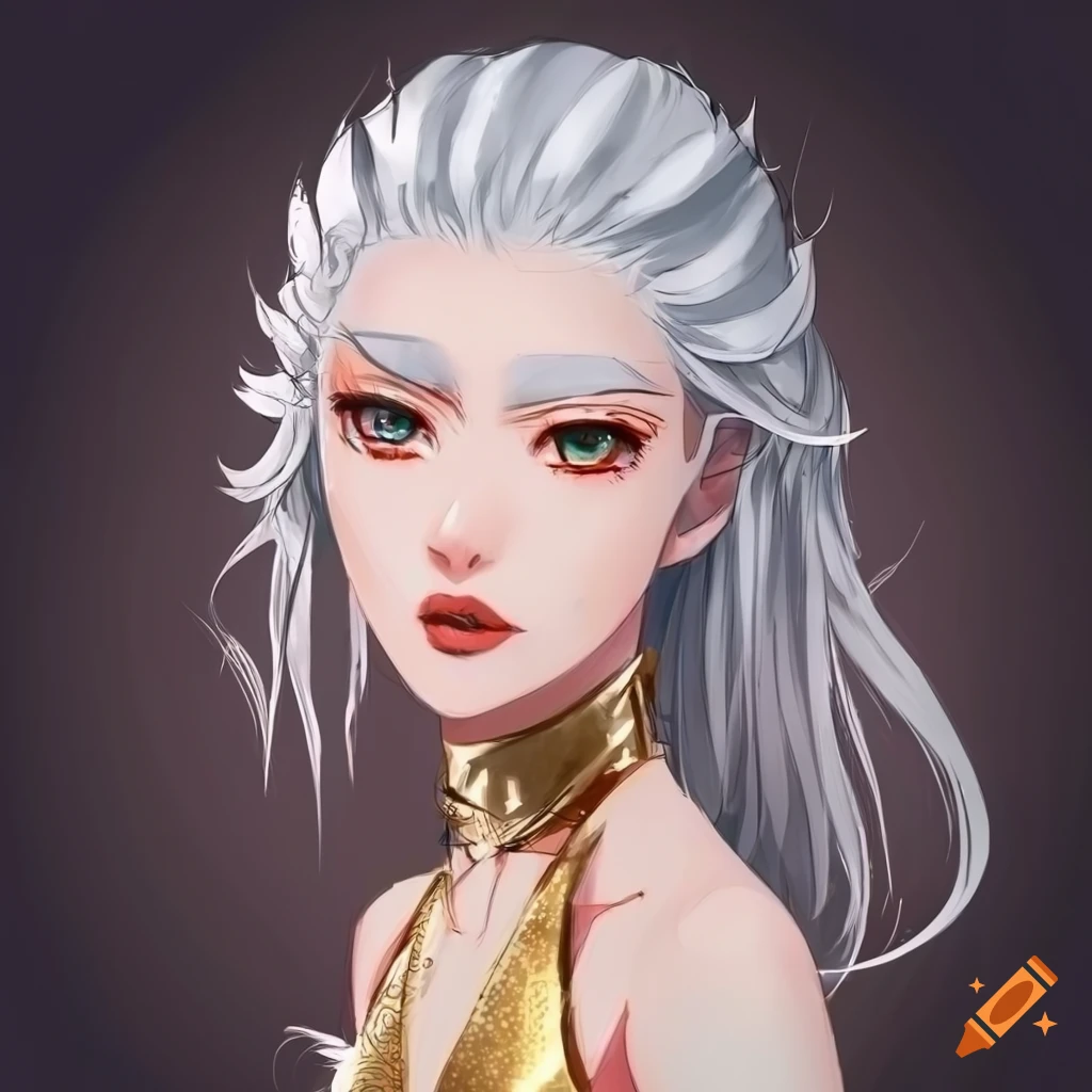 Detailed anime woman in gold dress with white hair and three eyes on ...