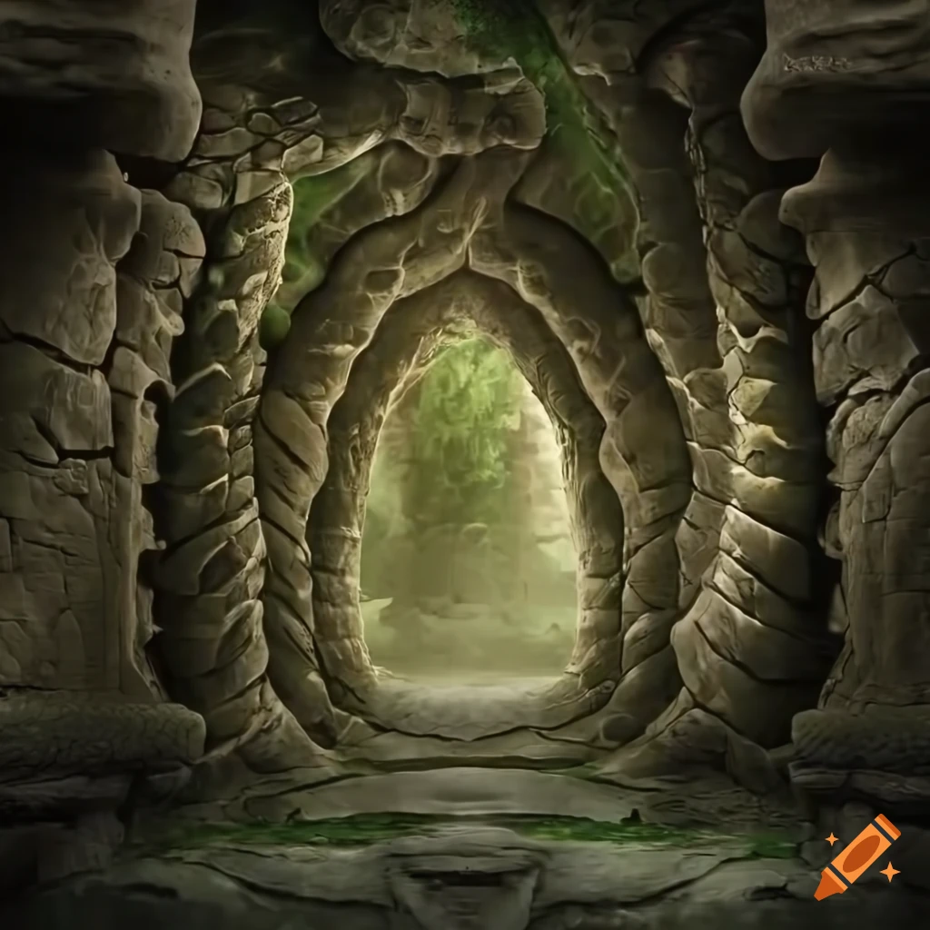 stone snake symbols inside a temple with ferns and moss