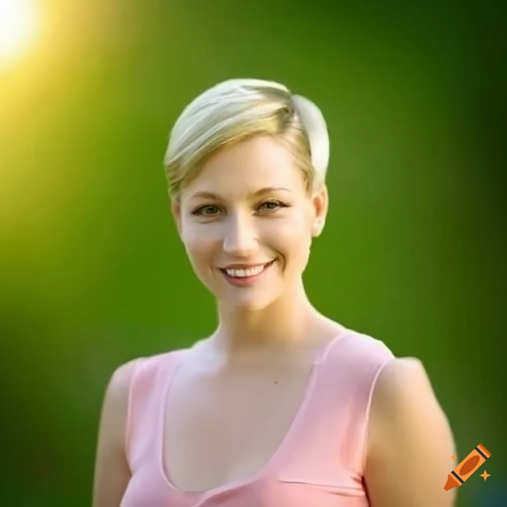 Short Blonde Haired Woman In Pink Blouse