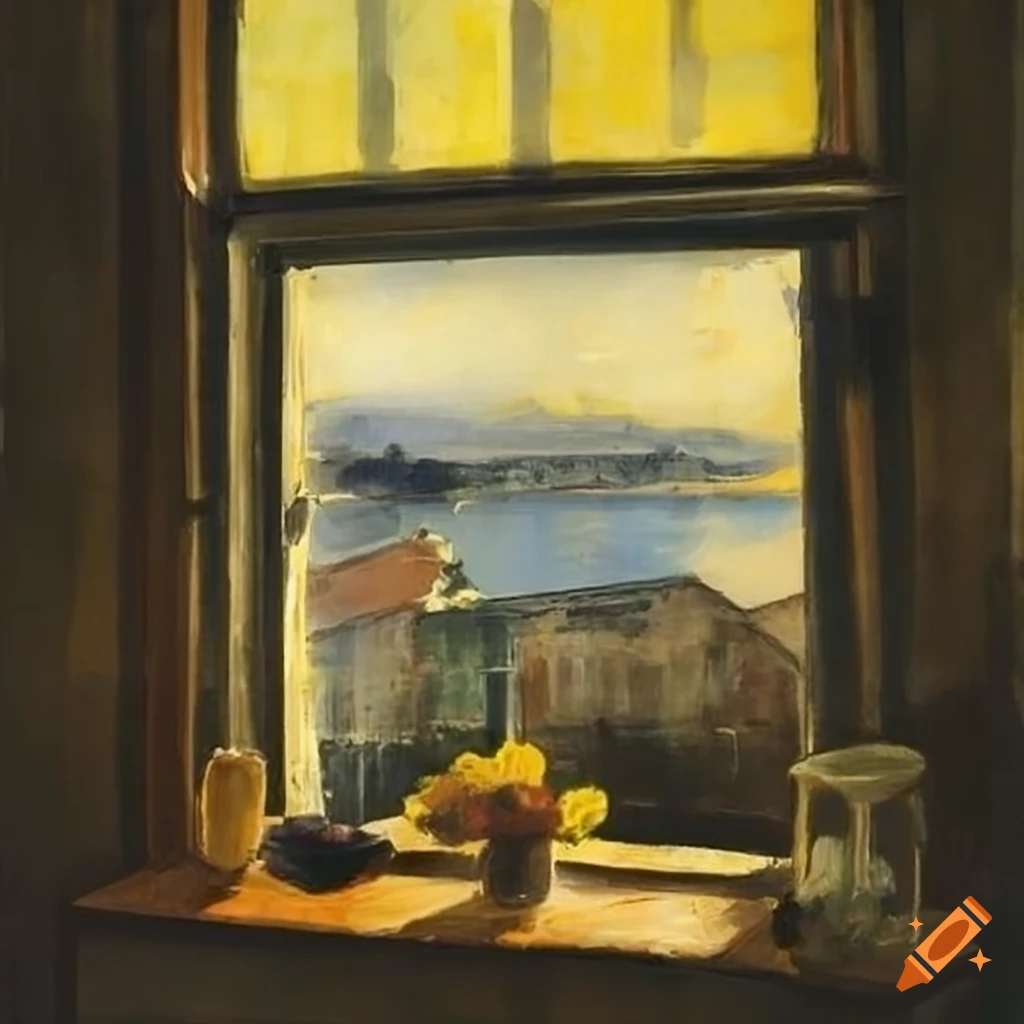 View through a window with flowers and yellow roller blind on Craiyon