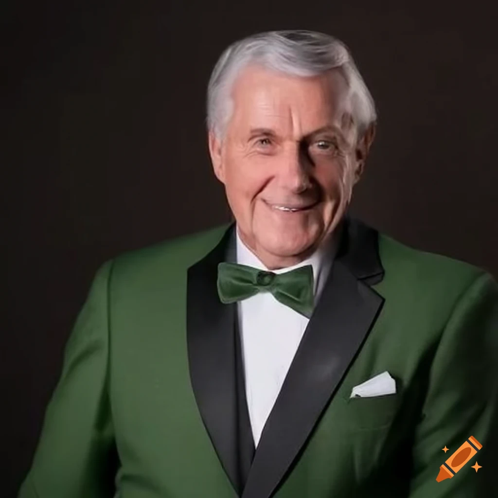 Portrait of a mature politician in green tuxedo on Craiyon