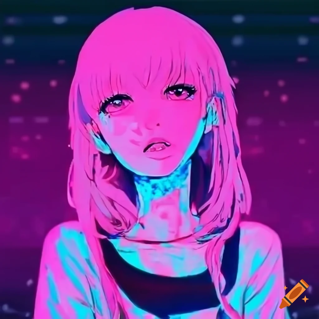 Vaporwave illustration of an anime girl