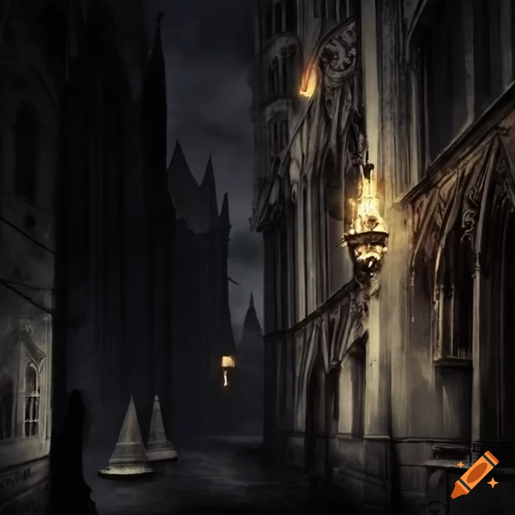 Gothic city with ghostly figures and a crowned ghost on Craiyon