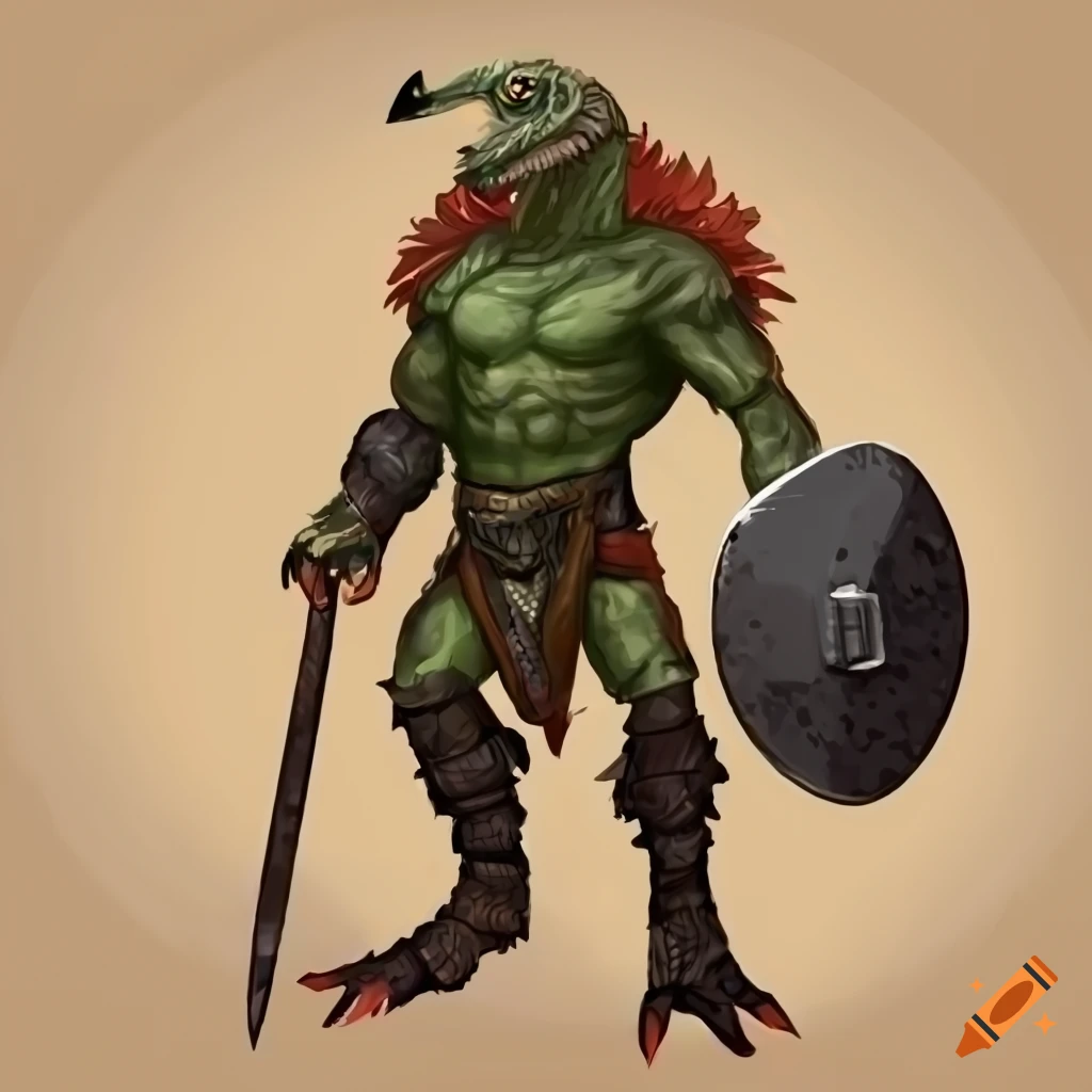 Portrait of a lizardfolk barbarian with a shield on Craiyon
