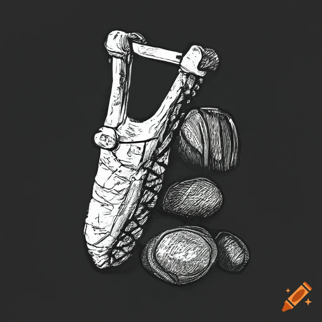 Black and white drawing of a slingshot from the bible on Craiyon
