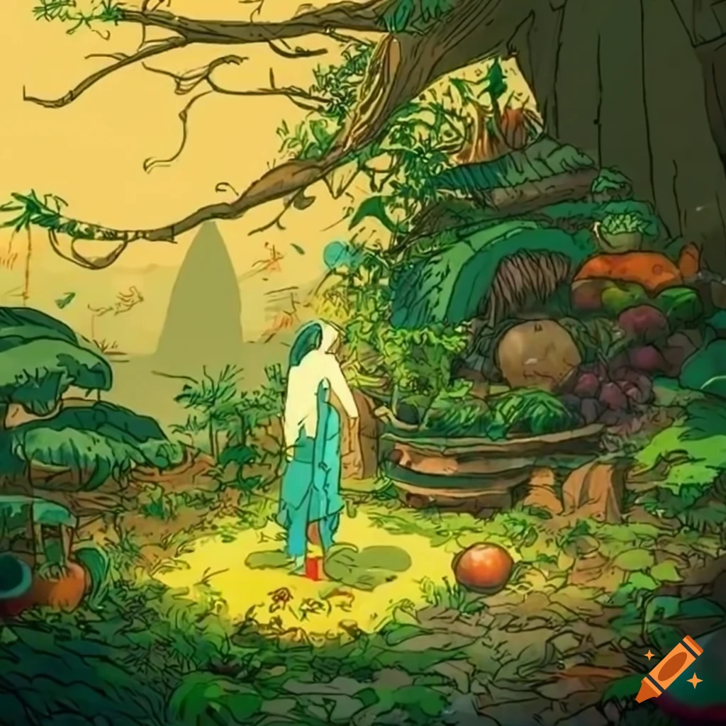 Hayao miyazaki style artwork of an asian herb garden forest with