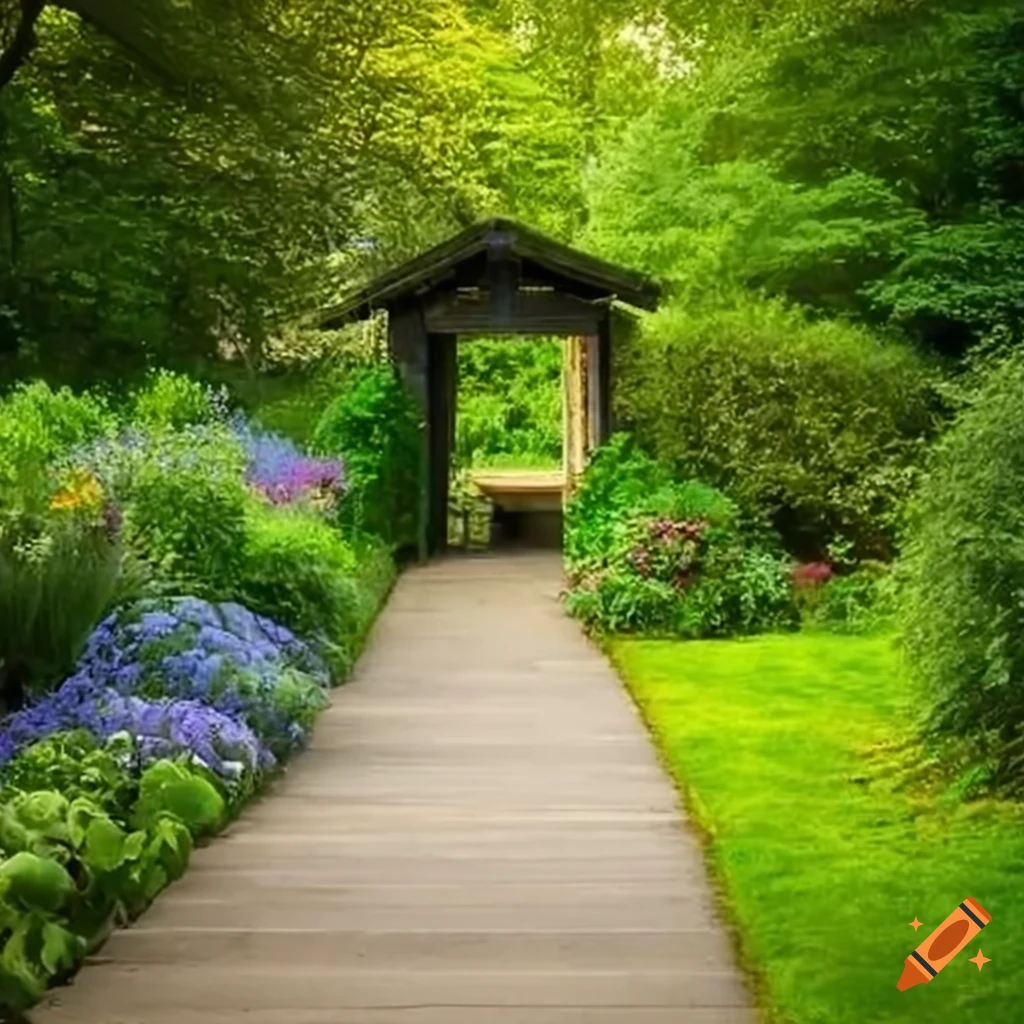 a serene garden with a pathway and a small outhouse