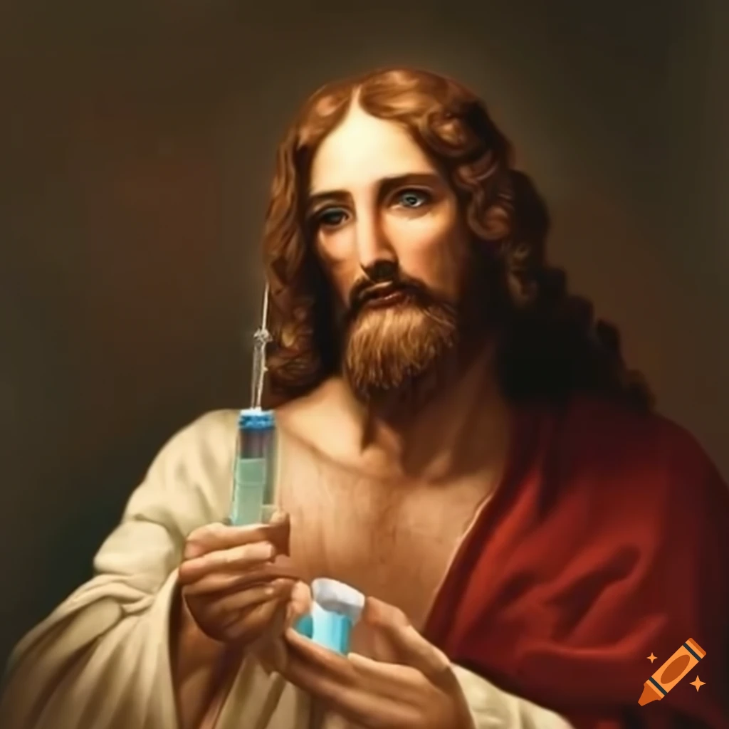 Symbolic portrayal of jesus with a syringe