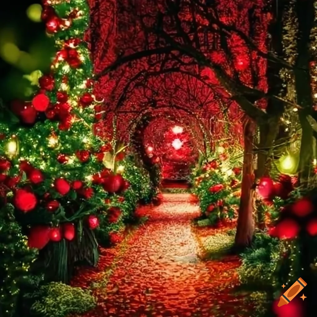 Christmas garden with blooming roses and magical lights