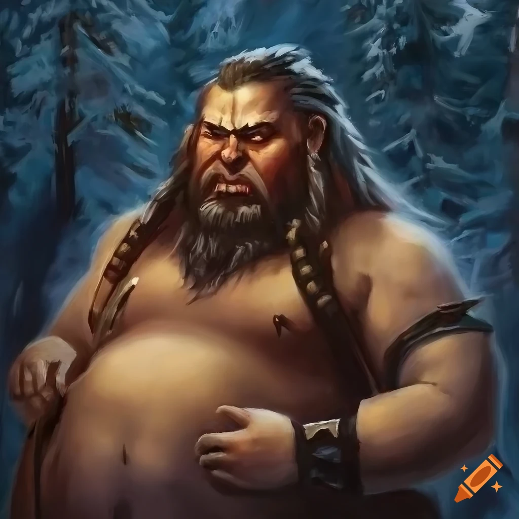 oil painting of a bearded barbarian in a winter forest