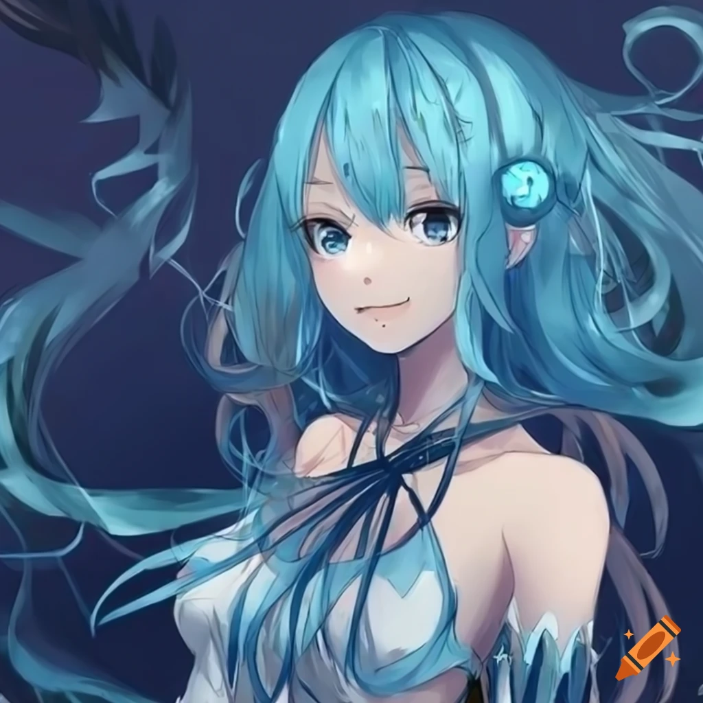 Anime character with flowing blue hair and grayish blue skin on Craiyon