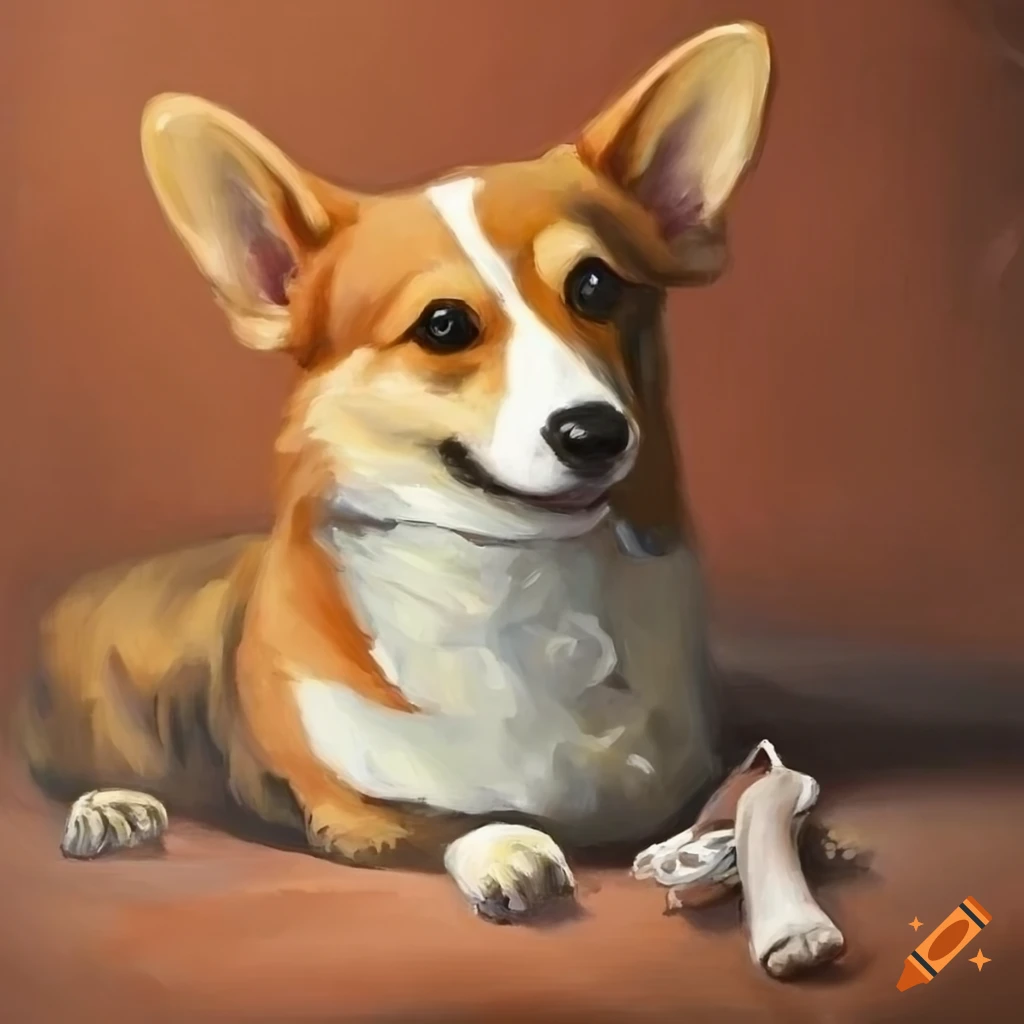 oil painting of a corgi with a rawhide bone