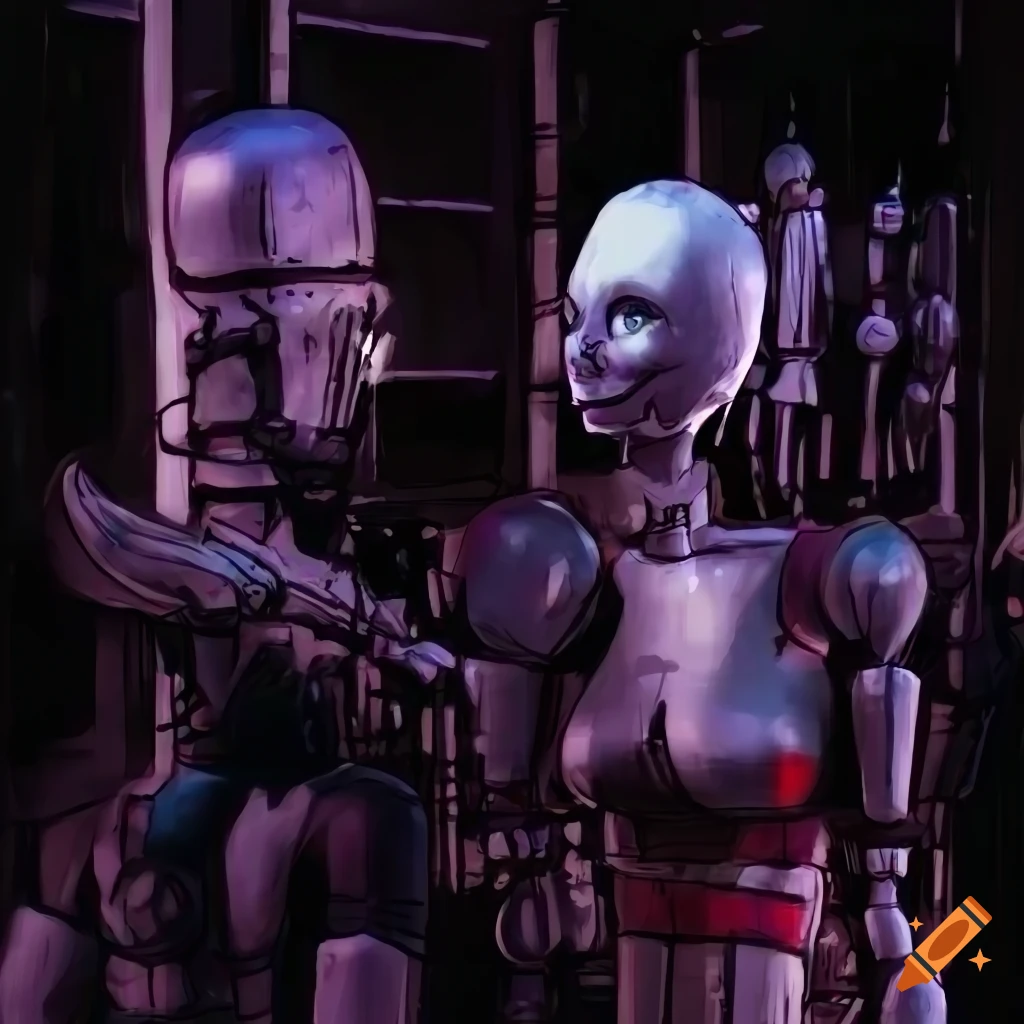 crowded market with puppet marionettes and neon signs